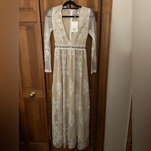 Jaus Women’s Sz XS Cream Boho Bohemian Maxi Lacy Long Sleeve Dress - NWT